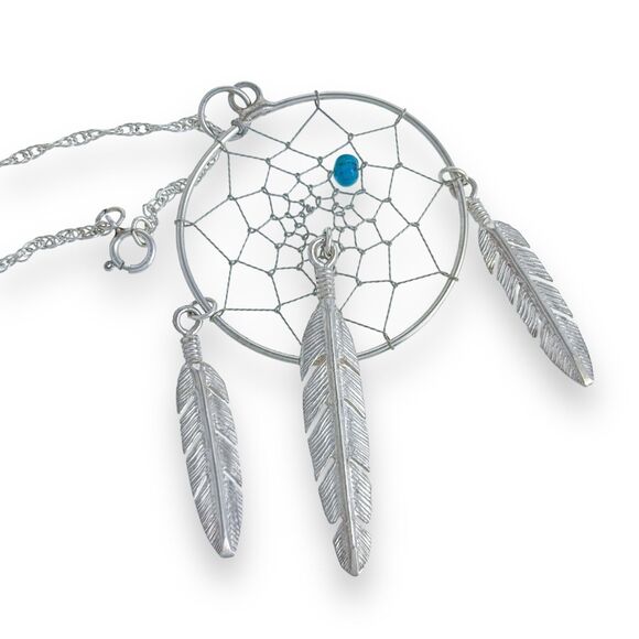 Vintage Silver Tone Turquoise Bead Feather Charm Dreamcatcher Pendant ONLY - Picture 2 of 4